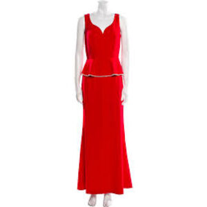 Karl Lagerfeld Red Long Peplum Formal Dress Womens Sz 8 Pearl Trim Gown Elegant